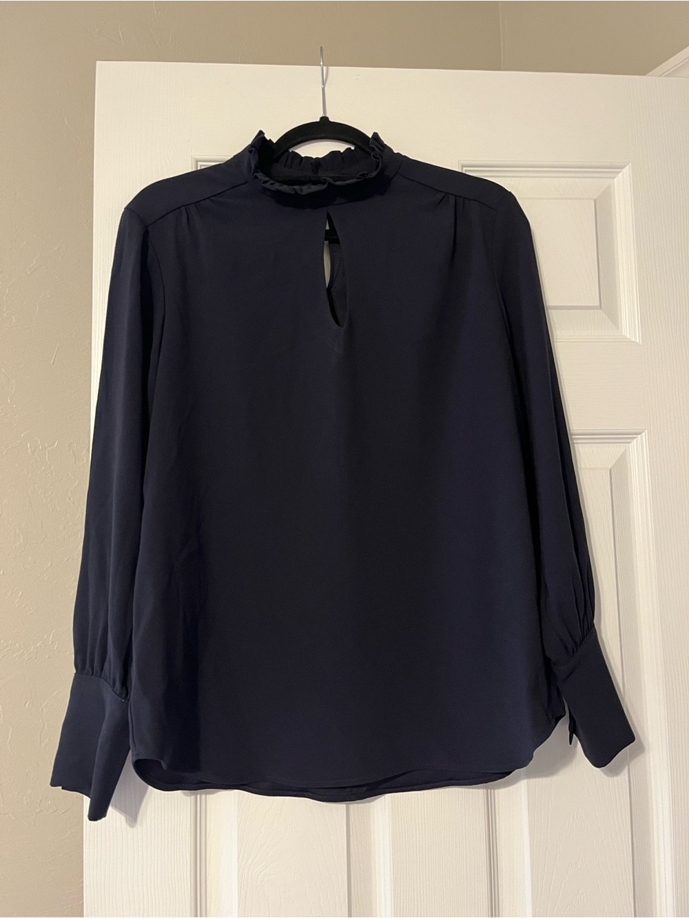 DREW Navy Ruffle Mock Neck Long Sleeve Blouse